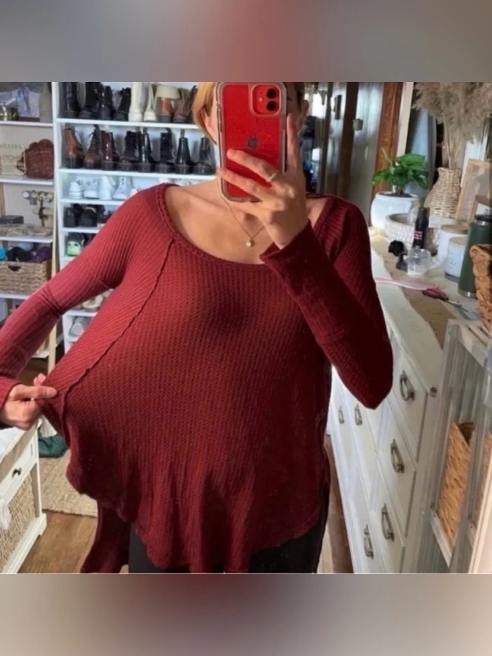 Free people waffle knit maroon long sleeve high low blouse in a size small